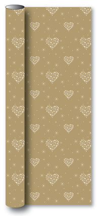 Gavepapir guld metallic m/hjerter/snefnug 3 m x 70 cm