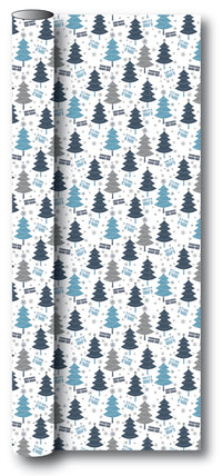 Gavepapir hvid m/blå/sølv metallic juletræ/gaver 3 m x 70 cm
