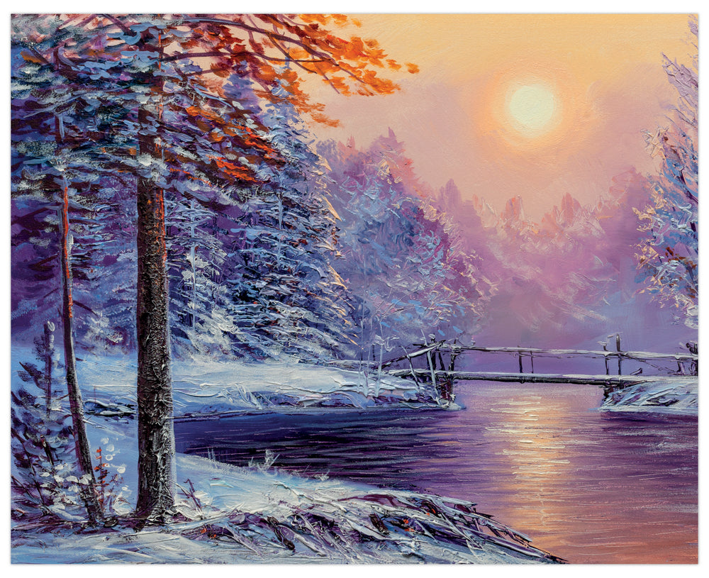 Diamond Art lærred snelandskab med å og bro 40 x 50 cm