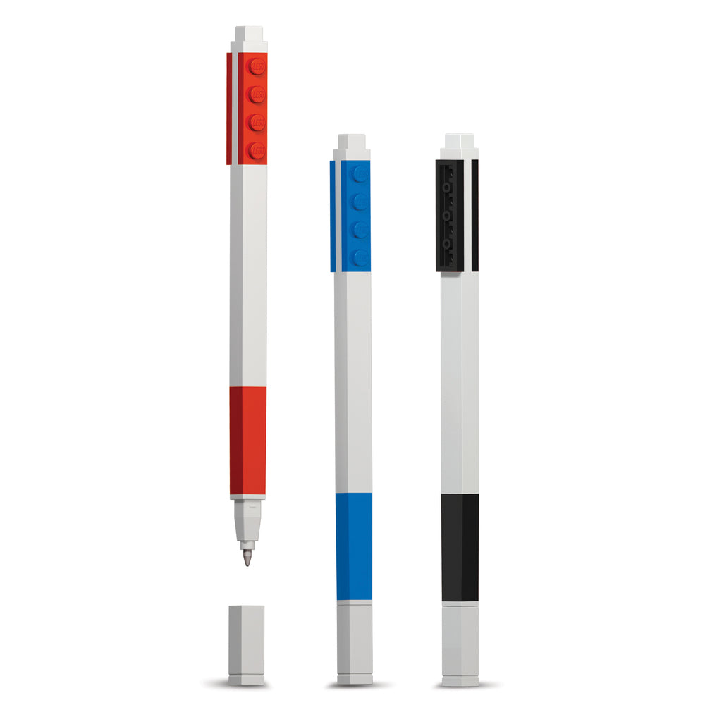 LEGO gelpens, 3 stk. rød, blå og sort i box