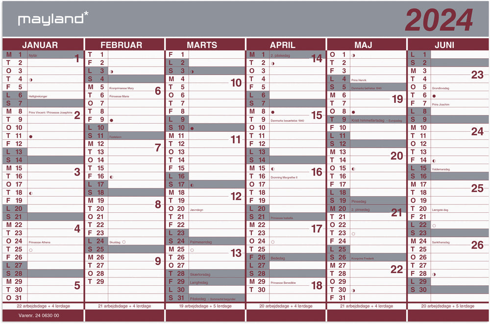 Kalender 2024 dobbelt halvårs
