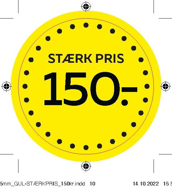 Bogetiket Stærk pris 150,- gul Ø55MM / 100 stk