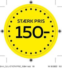 Bogetiket Stærk pris 150,- gul Ø55MM / 100 stk