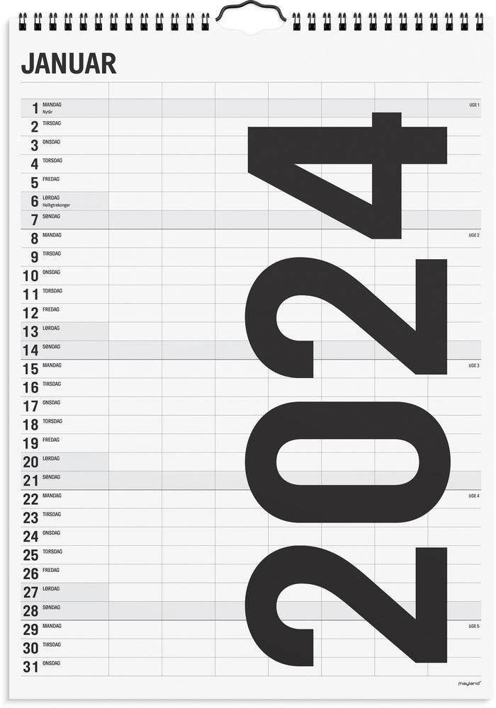 Kalender 2024 sort/hvid 7 kol