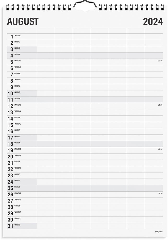 Kalender 2024 sort/hvid 7 kol