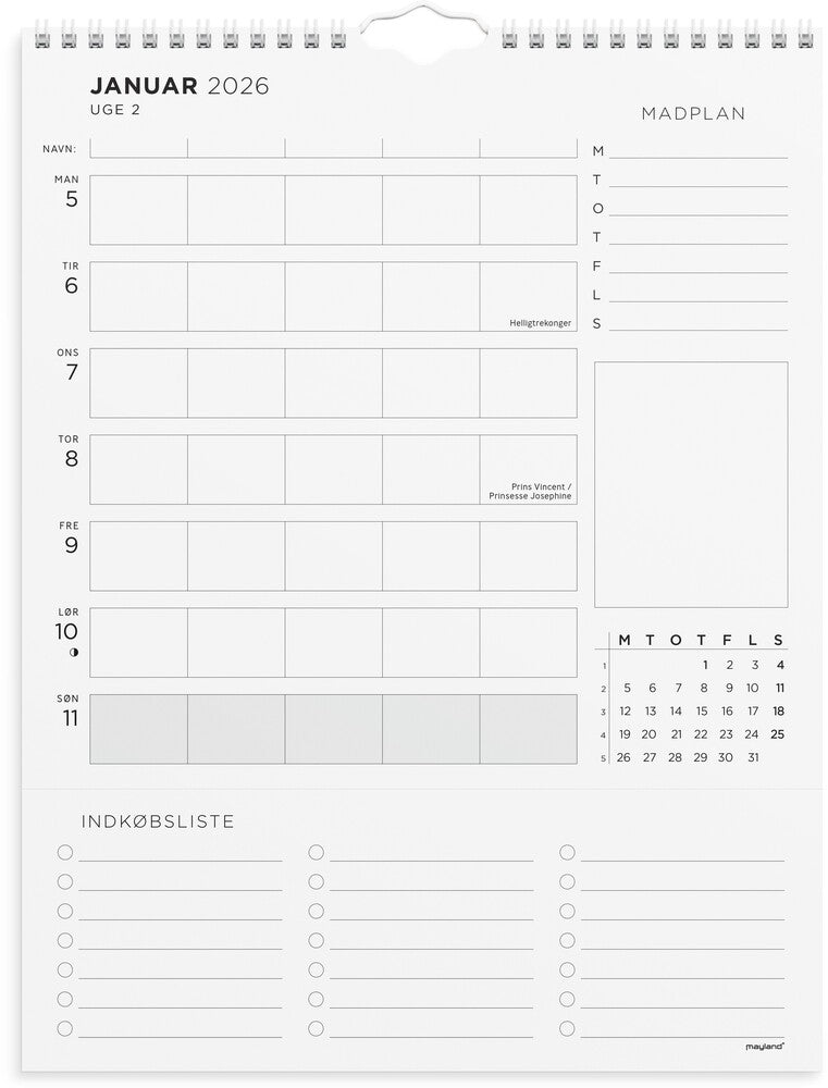 Familiekalender 2026 ugeplan m/lister