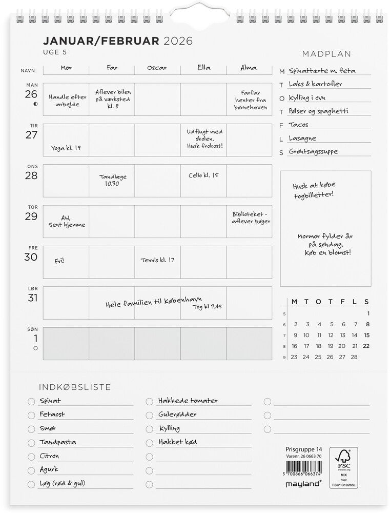 Familiekalender 2026 ugeplan m/lister