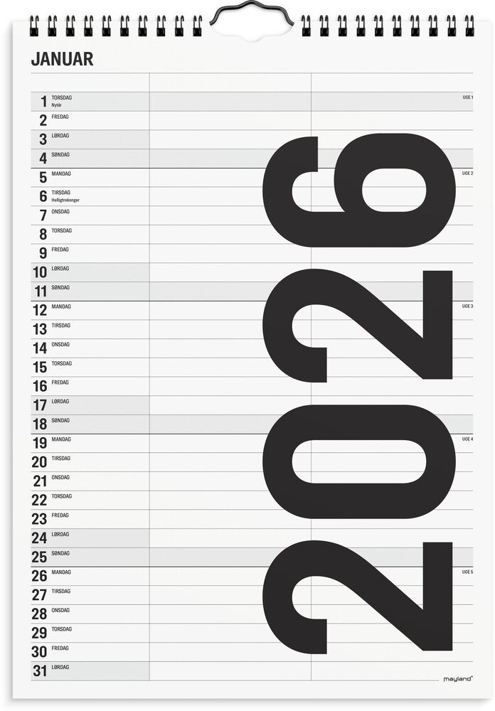 Familiekalender 2026 sort/hvid a4 2 kol