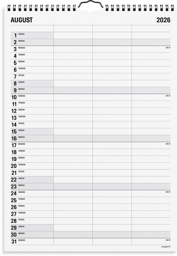 Familiekalender 2026 sort/hvid 3 kol