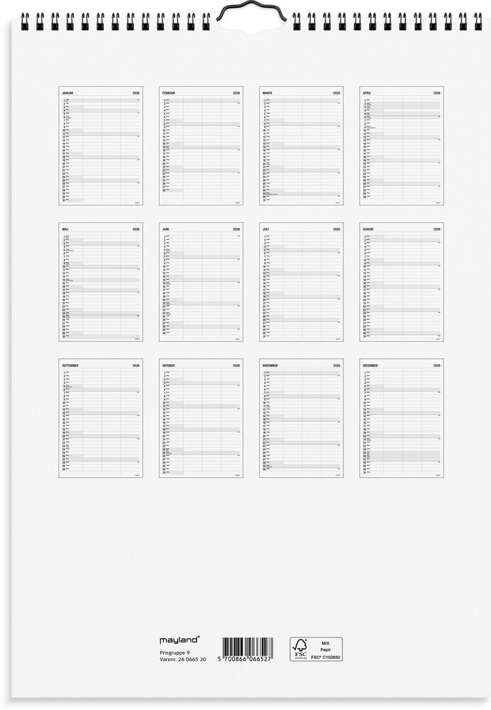 Familiekalender 2026 sort/hvid 3 kol