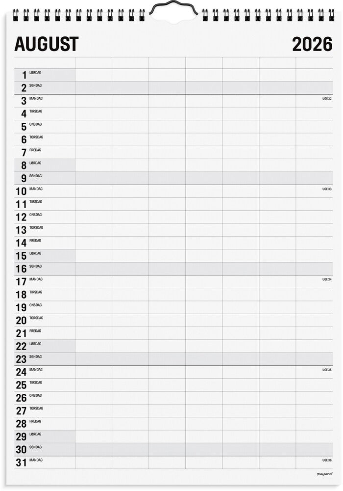 Familiekalender 2026 sort/hvid 7 kol
