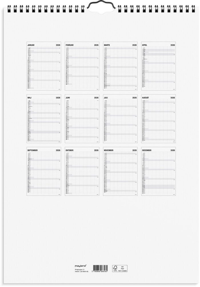 Familiekalender 2026 sort/hvid 7 kol