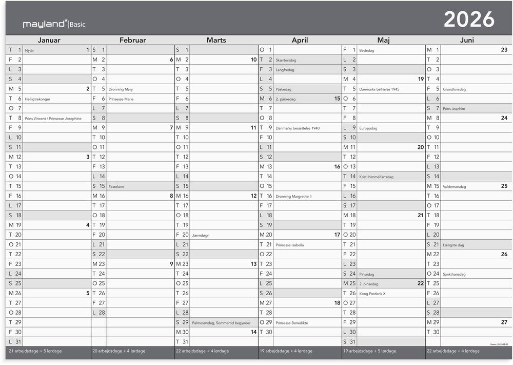 Kontorkalender basic 2026 a2