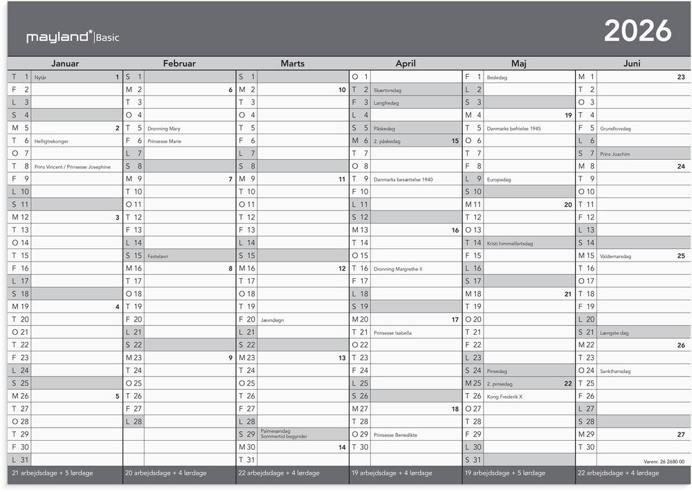 Kontorkalender basic 2026 a4 2x6 mdr.