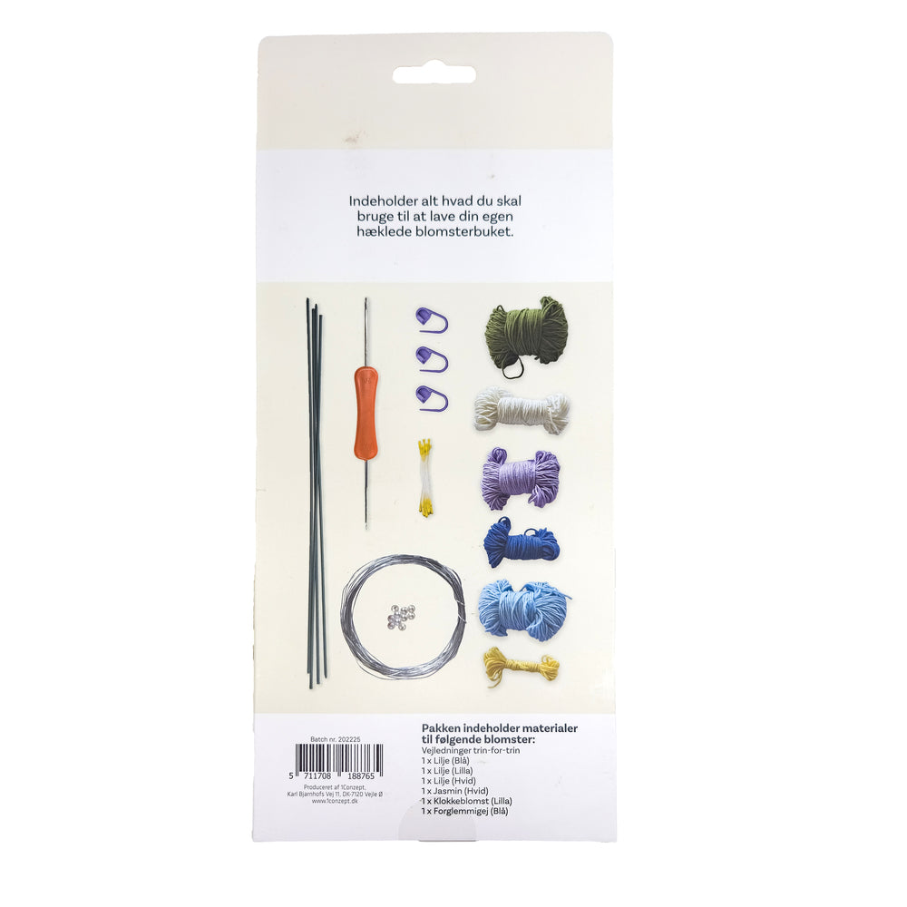 Hækle kit pastel blomster 6 stk i blå,lilla,hvid
