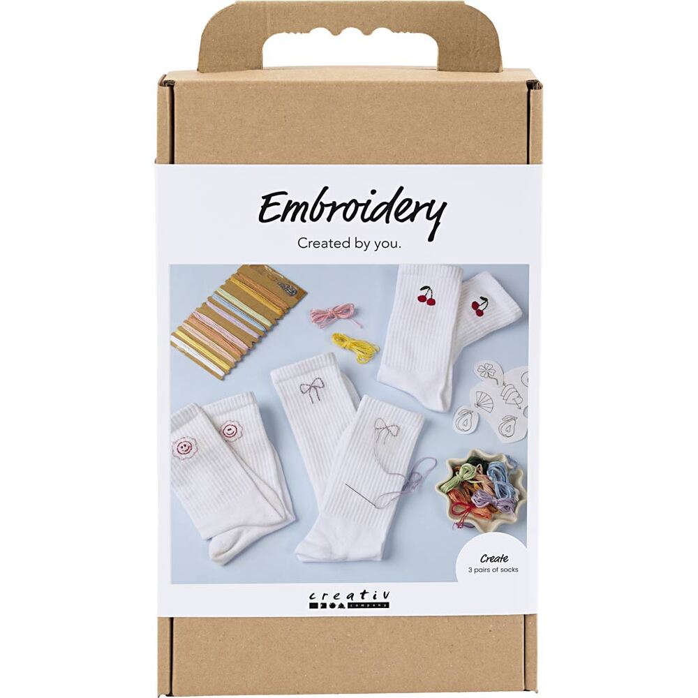 Broderi DIY Kit strømper hvide 3 par