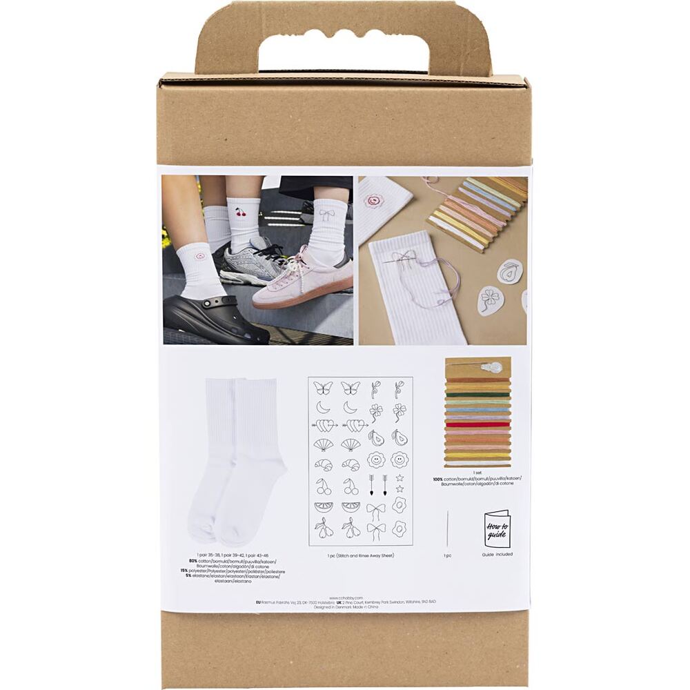Broderi DIY Kit strømper hvide 3 par