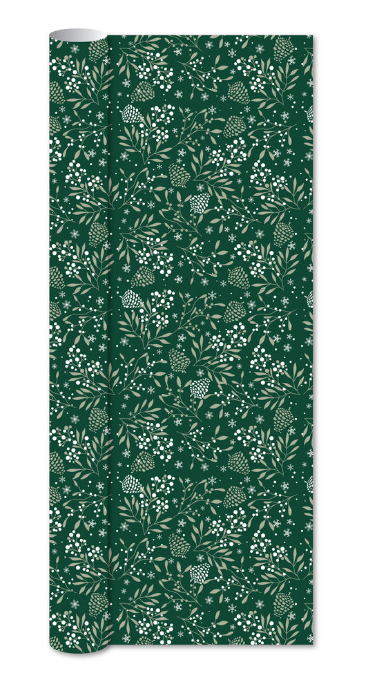 Gavepapir Grøn M/Hvide Kogler/Grene 3 M X 70 Cm