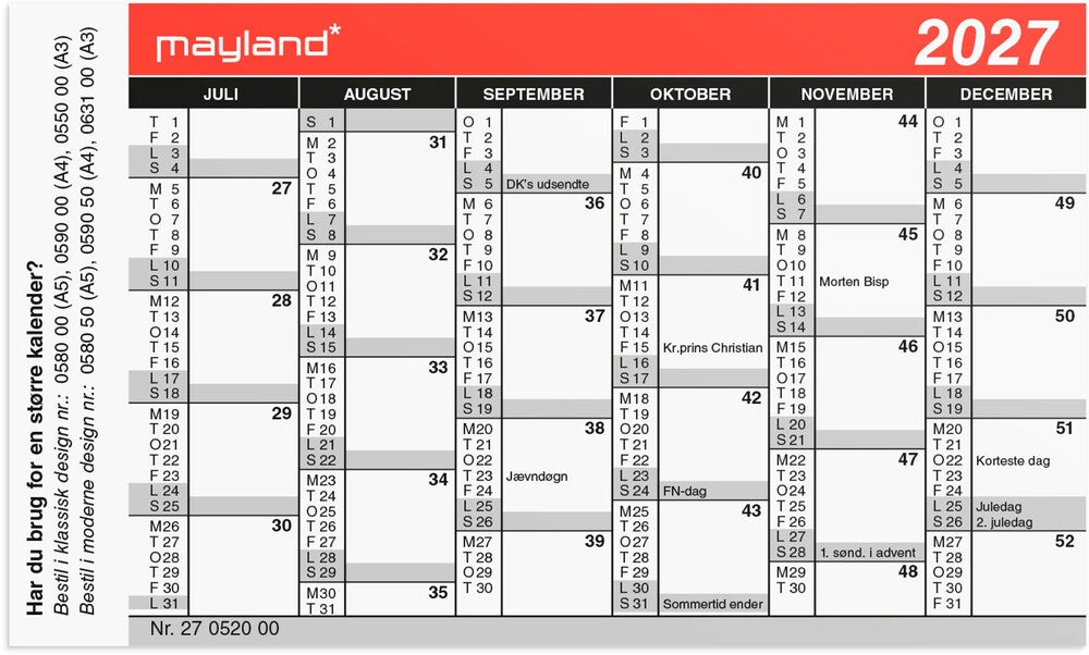Kalender mini 2027 Mayland 11,7 x 7 cm