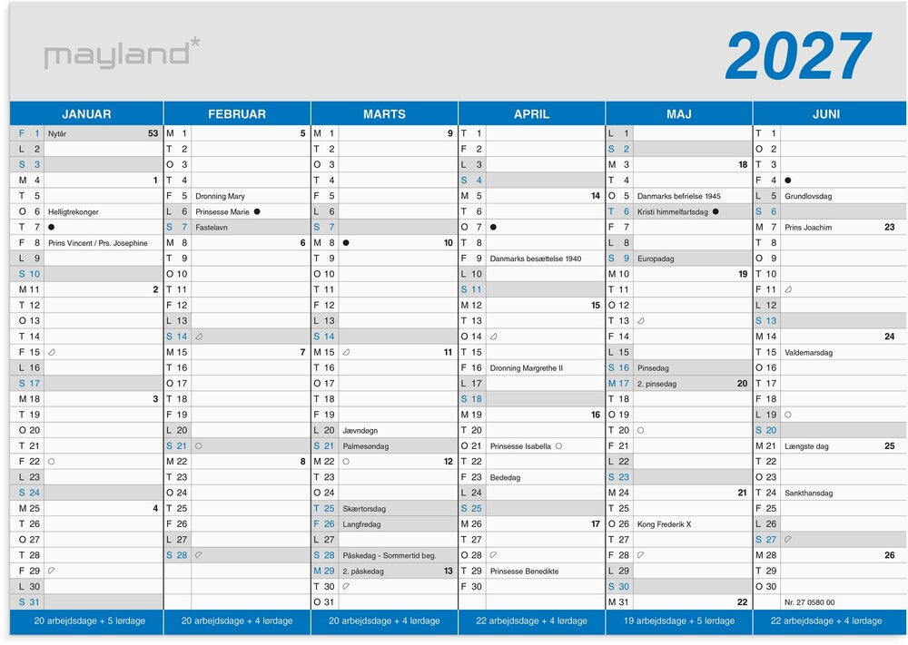 Kontorkalender 2027 klassisk A5 Mayland 21 x 14,8 cm