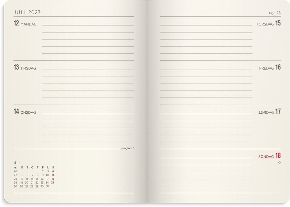 Ugekalender 2027 forma A6 brun kunstskind Mayland tværformat