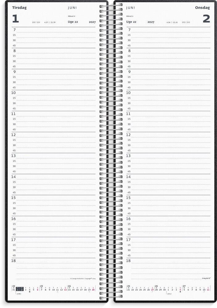 Spiralnoteringskalender 2027 dag pp sort Mayland 10 x 32 cm