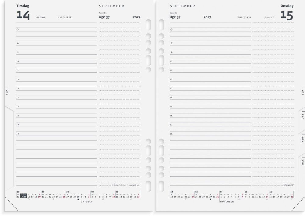 Kalender system 2027 dag A5 refill Mayland 14,8 x 21 cm