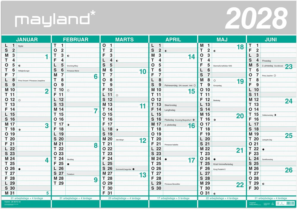 Mayland Kæmpekalender 27/28 2X6 Mdr. Vendbar Papir Rør