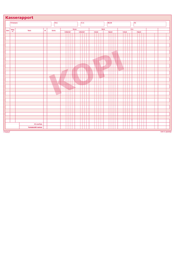 Kasserapport Mayland kasse/bank/giro+ekstra kolon 29,7x22,8